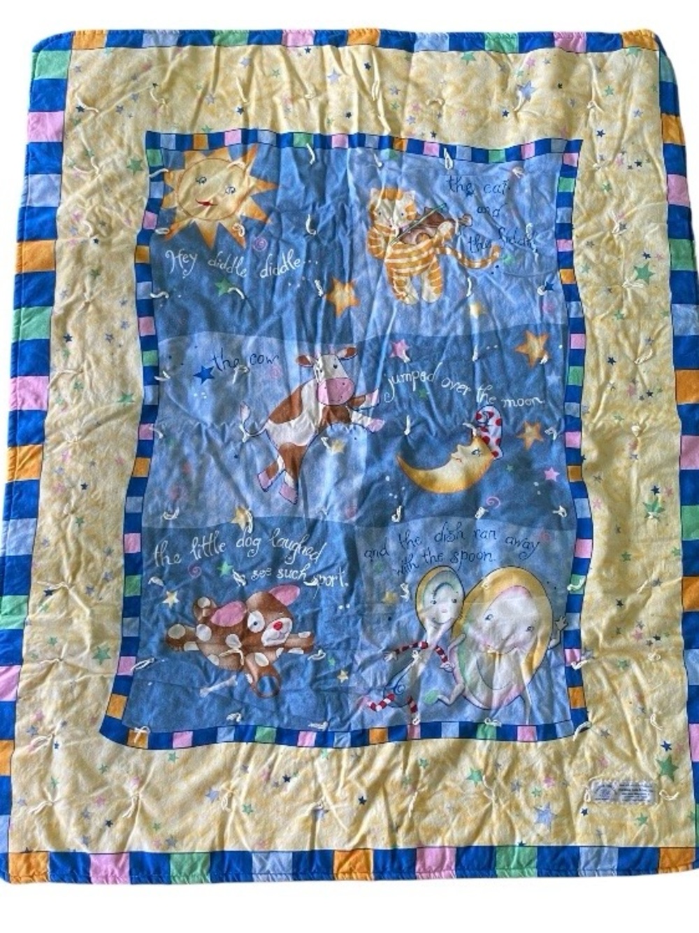 Vtg Hey Diddle Diddle Nursery Rhyme Baby Blanket Stars Cow Celestial Moon Dog